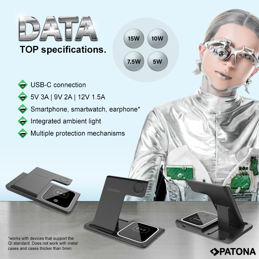 Ładowarka Patona bezprzewodowa QI  3w1 do smartfona, zegarka, słuchawek