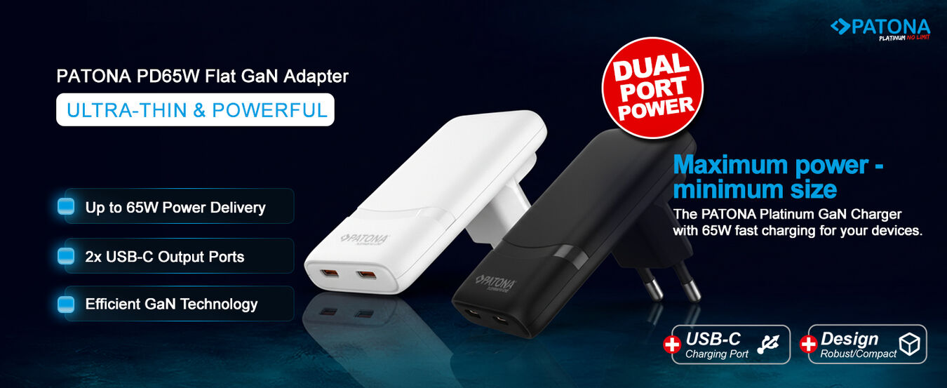 Ładowarka Patona GaN PD65W Platinum płaska 2x USB-C PD3.0 QC3.0