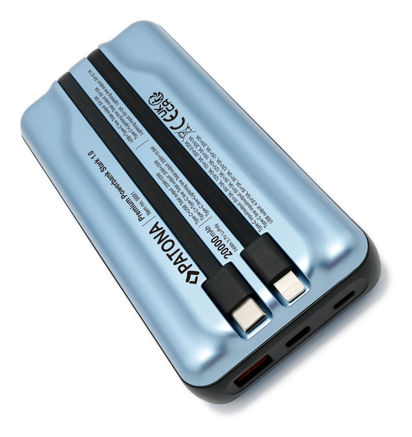 Powerbank Patona Stark 1.0 z 2 zintegrowanymi kablami ładującymi USB-C, Lightning/9991