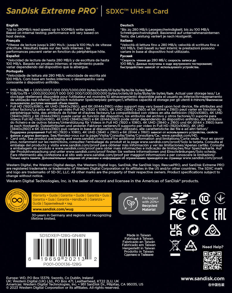Karta pamięci SanDisk SDXC Extreme PRO 128GB (280MB/s) V60 UHS-II U3/SDSDXEP-128G-GN4IN