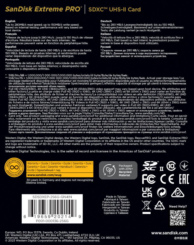 Karta pamięci SanDisk SDXC Extreme PRO 256GB (280MB/s) V60 UHS-II U3/SDSDXEP-256G-GN4IN