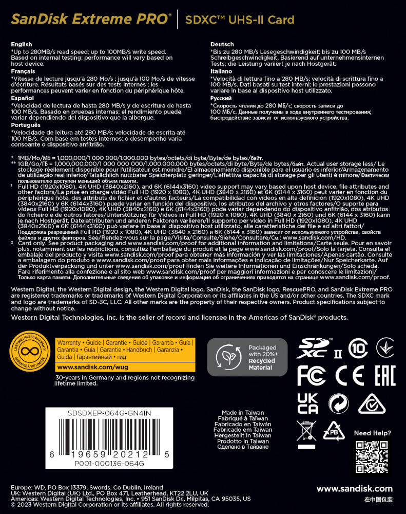 Karta pamięci SanDisk SDXC Extreme PRO 64GB (280MB/s) V60 UHS-II U3/SDSDXEP-064G-GN4IN