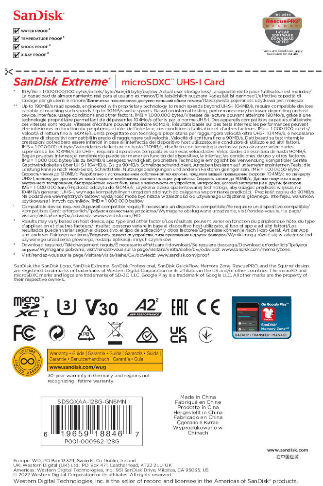 Karta pamięci SanDisk microSDXC Extreme 128GB (190MB/s) V30 A2+ adapter SD/SDSQXAA-128G-GN6MA