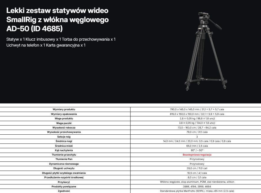 Statyw SmallRig 4685 Lightweight Video Carbon Fiber Tripod Kit AD-50